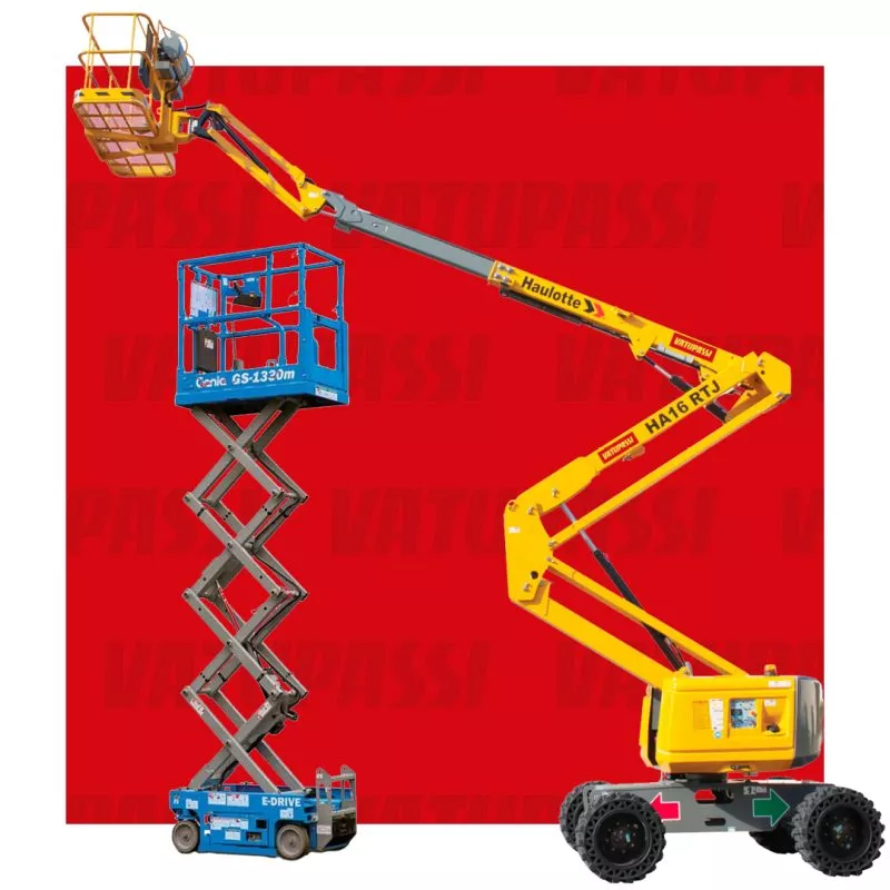 Kaksi erikokoista nosturia, yksi hydraulinen ja yksi scissor-nosturi, punaisella taustalla.