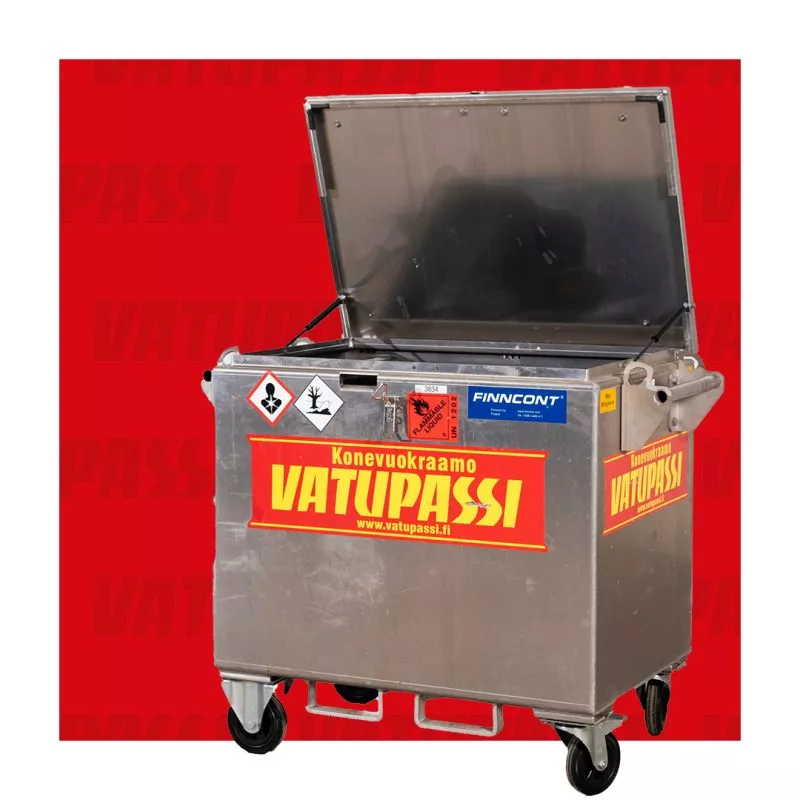 Metallinen roskalaatikko, jossa on avattava kansi ja varoitustarrat, taustalla punainen VatuPassi-logo.