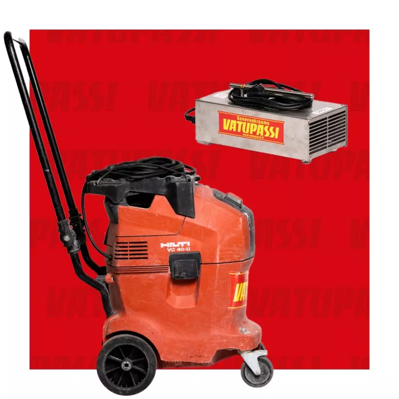 Punainen Hilti VG 40-U -imuri, joka on sijoitettu valkoiselle taustalle, jonka päällä on graafinen teksti 'VATUPASSI'.